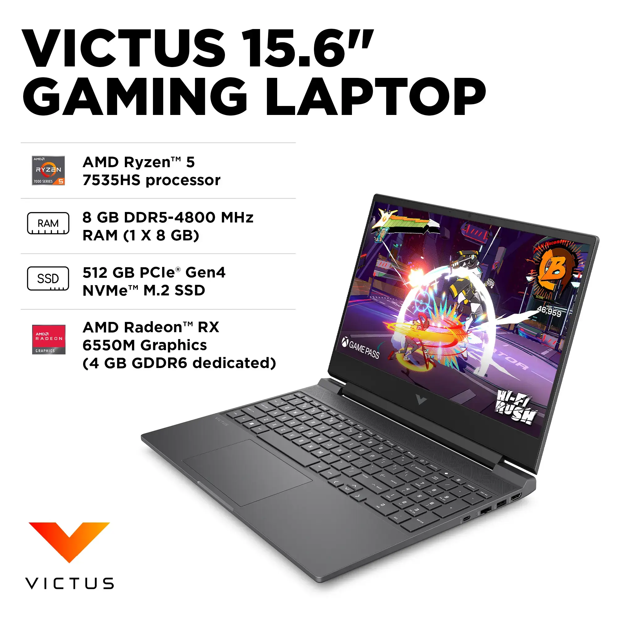 HP - Victus 15.6" Full HD Gaming Laptop - AMD Ryzen 5-7535HS - 8GB DDR5 Memory - AMD Radeon RX 6550M - 512GB SSD - Mica Silver-15.6 inches-AMD Ryzen 5 7000 Series-8 GB Memory-512 GB-Mica Silver