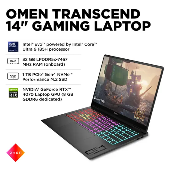 HP OMEN - Transcend 14" 120Hz 3K OLED Gaming Laptop - Intel Core Ultra 9-185H - 32GB Memory - NVIDIA GeForce RTX 4070 - 1TB SSD - Shadow Black-14 inches-Intel Core Ultra 9 Series 1-32 GB Memory-1 TB-Shadow Black