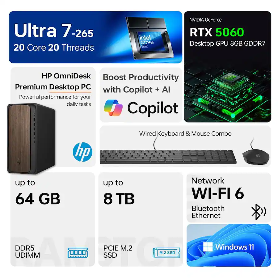HP - OmniDesk Desktop - Intel Core Ultra 7 265 - 32GB RAM, 1TB SSD - NVIDIA GeForce RTX 5060 - For Gaming & Pro Work - Black