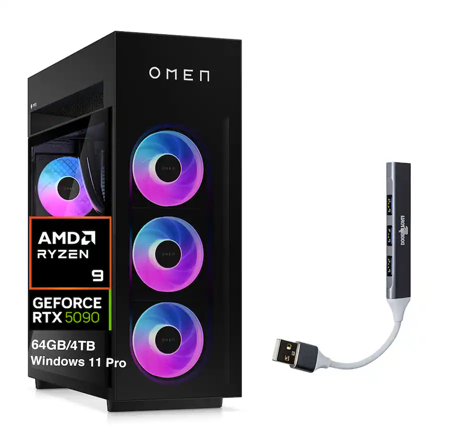 HP - OMEN MAX 45L Desktop PC (Ryzen 9 9900X3D, 64GB, 4TB SSD, GeForce RTX 5090, WiFi 7, Win 11 Pro) w/USB Hub - Shadow Black