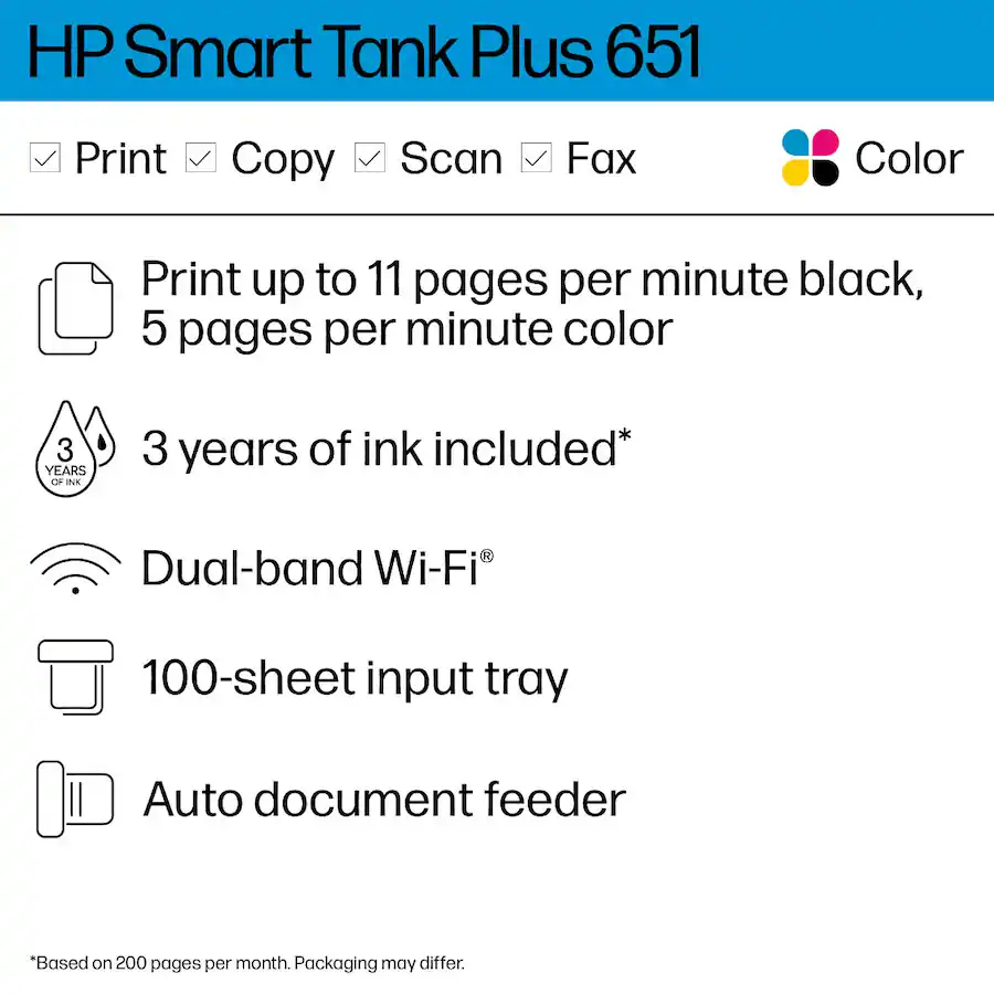 HP - Smart Tank Plus 651 Wireless All-in-One Cartridge-Free Supertank Inkjet Printer with 3 Years of Ink Included¹ - White