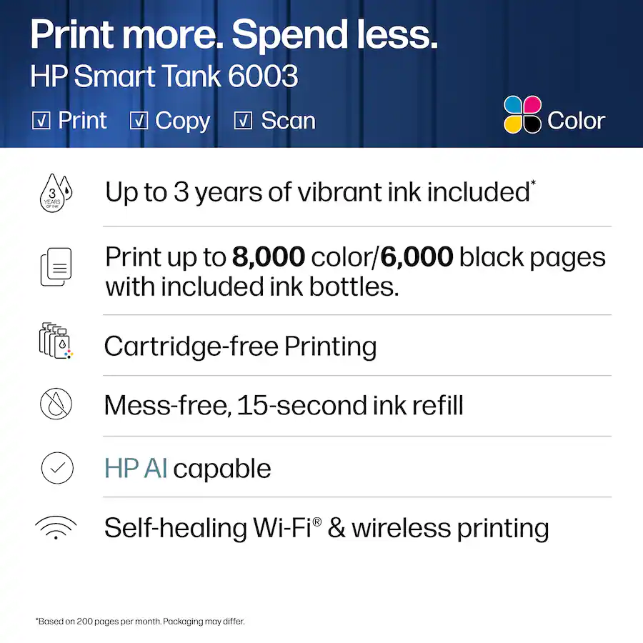 HP - Smart Tank 6003 Wireless All-in-One AI-Enabled Cartridge-Free Supertank Inkjet Printer with 3 Years of Ink Included¹ - White