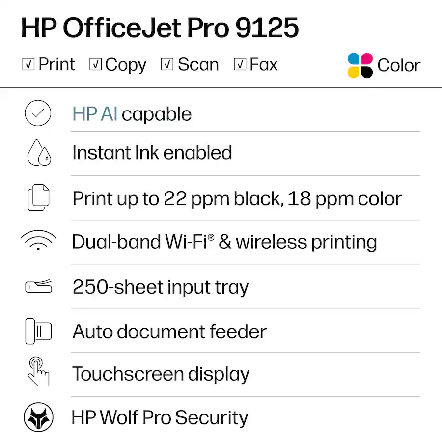 HP - OfficeJet Pro 9125 Wireless All-in-One Inkjet Printer, Scanner, Copier, AI-Enabled with 3 Months of Instant Ink - White