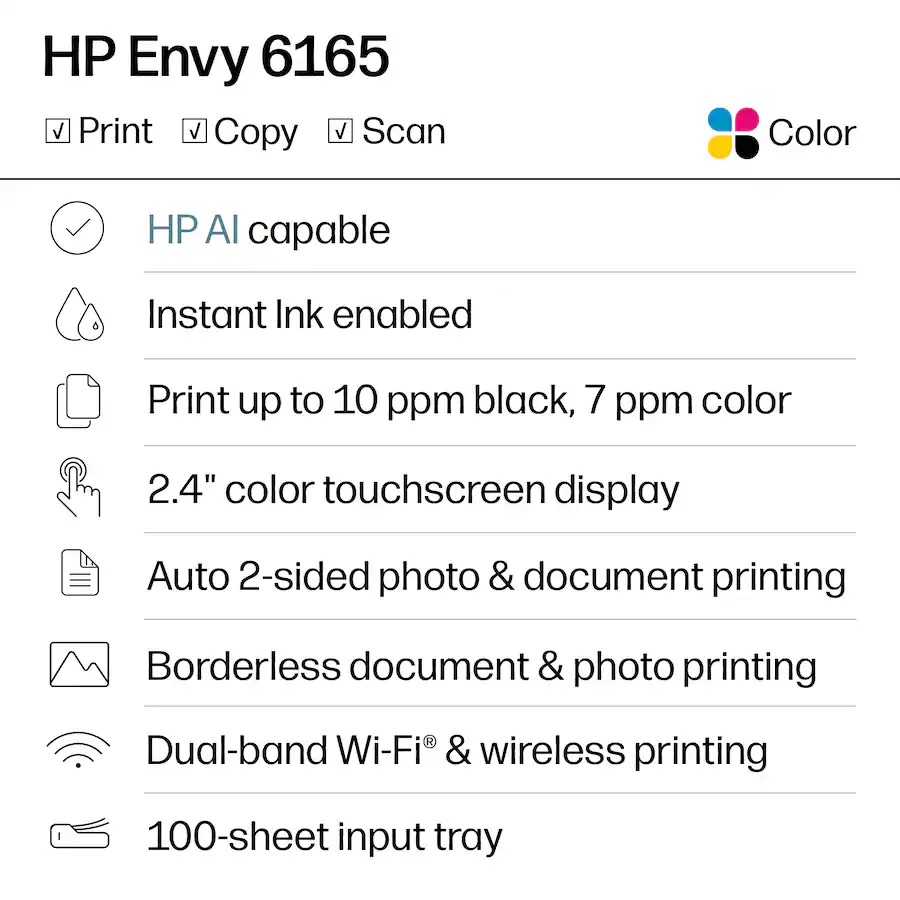 HP - Envy 6165 Wireless AI-Enabled All-in-One Inkjet Printer with 6 months of Instant Ink - White