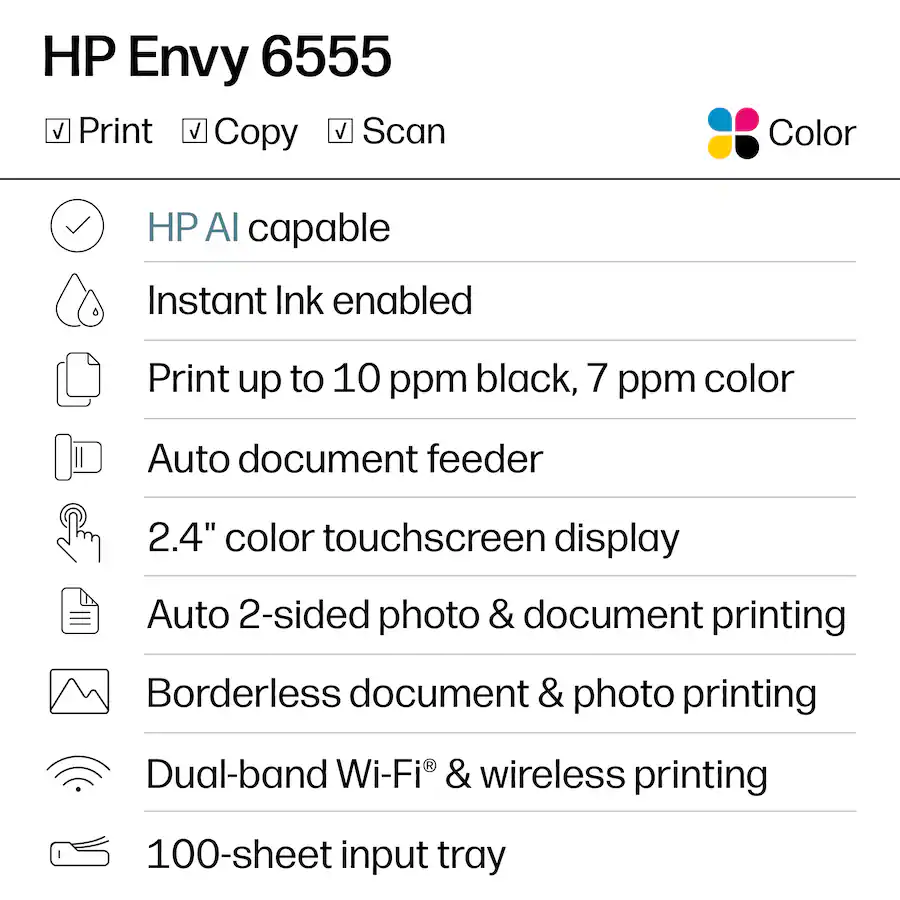 HP - Envy 6555 Wireless All-in-One Inkjet Printer, Scanner, Copier, AI-Enabled with 3 Months of Instant Ink - White