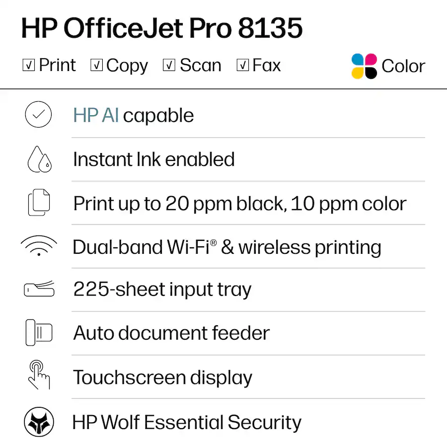 HP - OfficeJet Pro 8135 Wireless All-in-One Inkjet Printer, Scanner, Copier, AI-Enabled with 3 Months of Instant Ink - White