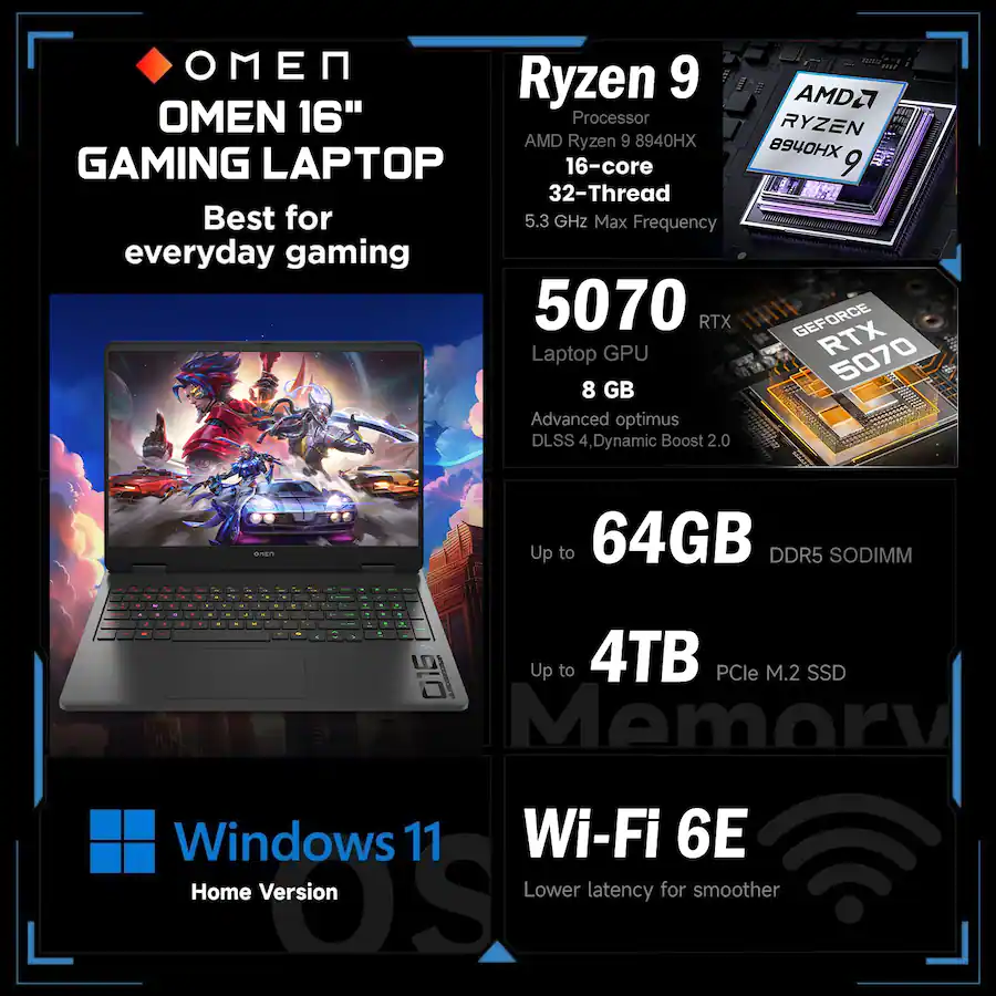 HP - Upgraded - Omen 16" WQXGA Gaming Laptop - AMD Ryzen 9 8940HX - RTX 5070 - 32GB RAM 1TB SSD - RGB KB - 7 in-1 USB-C Hub - Black