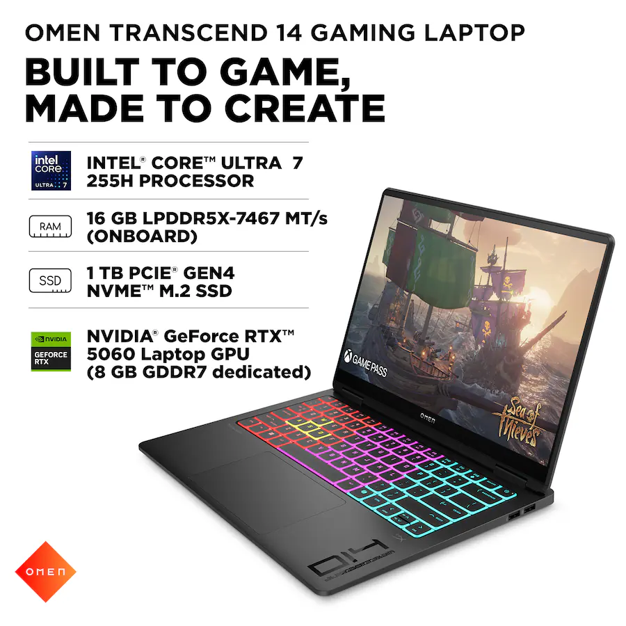 HP OMEN - Transcend 14" 120Hz 3K OLED Gaming Laptop - Intel Core Ultra 7 (2025) - 16GB Memory - NVIDIA GeForce RTX 5060 - 1TB SSD - Shadow Black