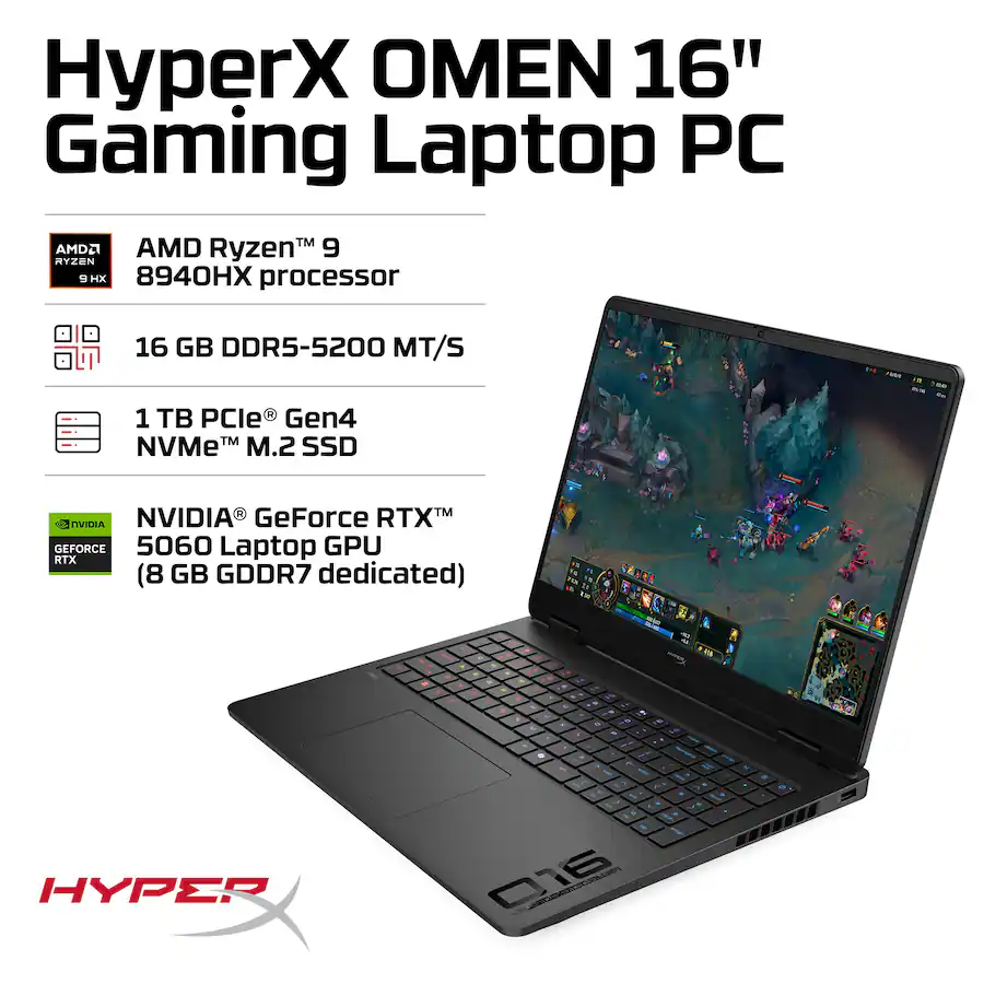HyperX - HP OMEN 16" 165Hz 2.5K OLED Gaming Laptop - AMD Ryzen 9 8940HX (2025) - 16GB Memory - NVIDIA GeForce RTX 5060 - 1TB SSD - Shadow Black