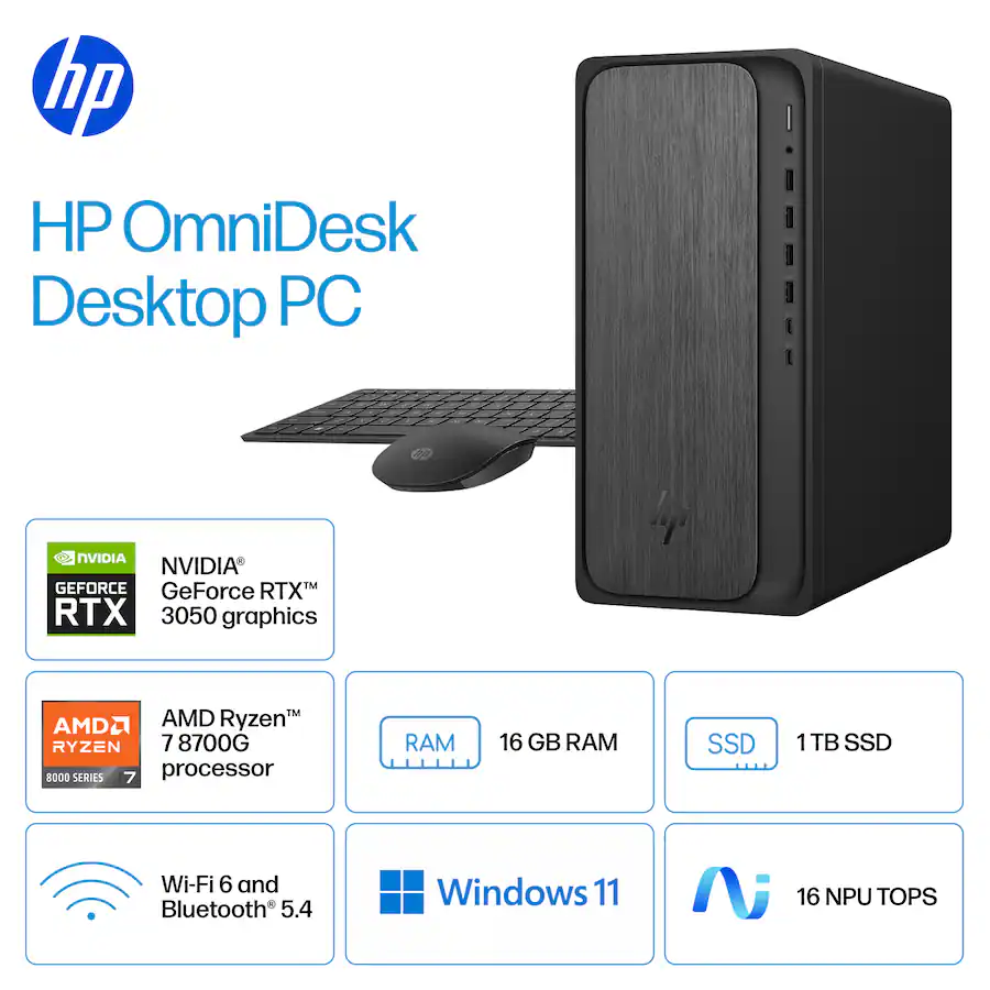 HP - OmniDesk Desktop - AMD Ryzen 7 8700G 2024 - 16GB DDR5 Memory - NVIDIA GeForce RTX 3050 - 1TB SSD - Gray Wood