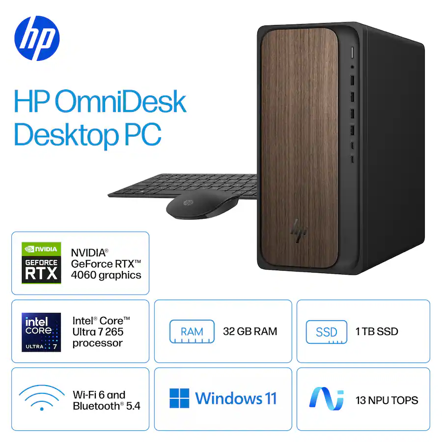 HP - OmniDesk Desktop - Intel Core Ultra 7 265 2025 - 32GB DDR5 Memory - NVIDIA GeForce RTX 4060 - 1TB SSD - Dark Wood