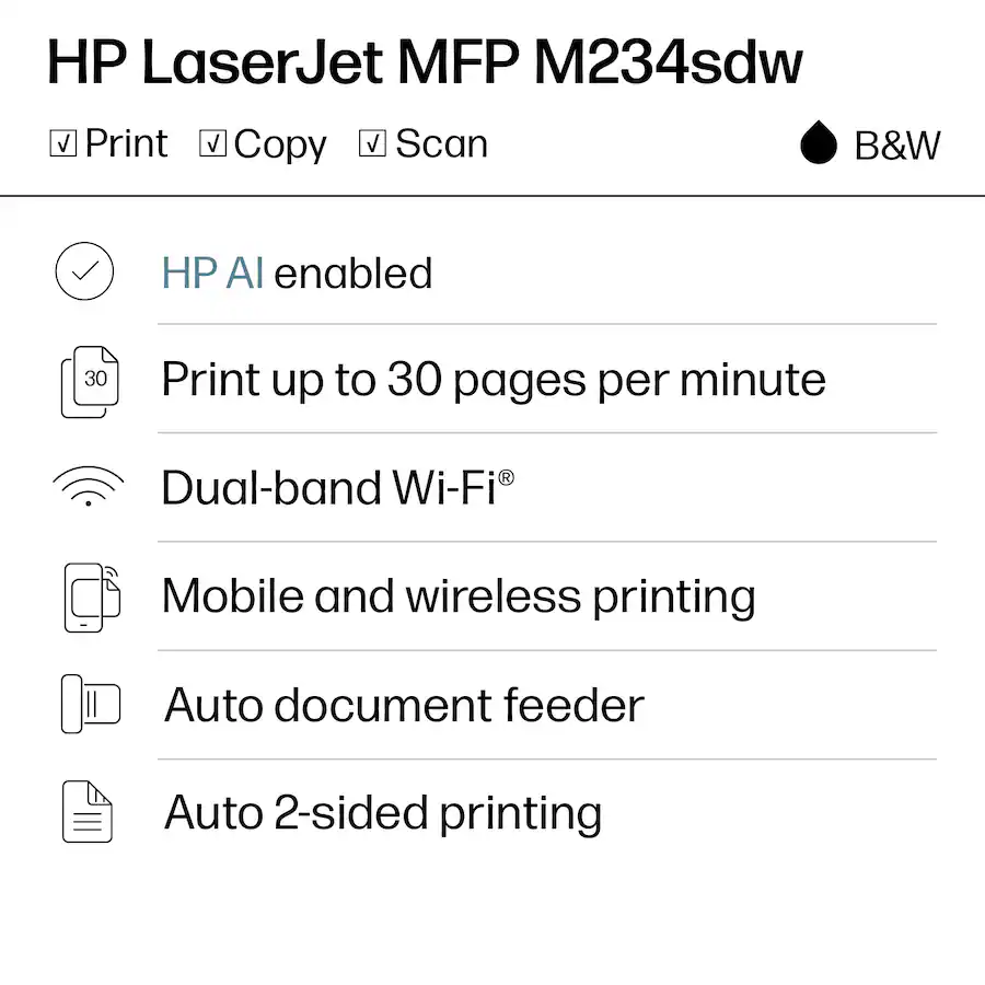 HP - LaserJet M234sdw Wireless AI-Enabled Black-and-White Laser Printer - White & Slate