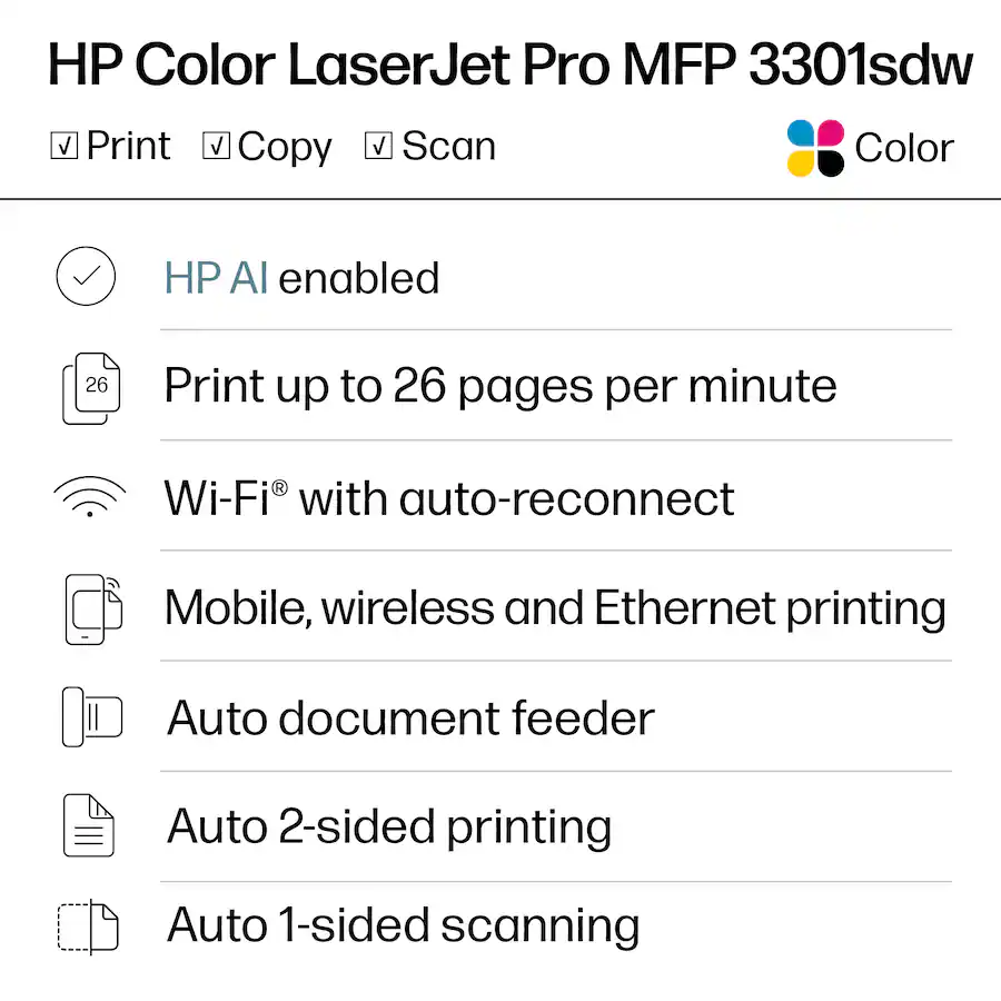 HP - LaserJet Pro MFP 3301sdw Wireless AI-Enabled Color All-in-One Laser Printer - White