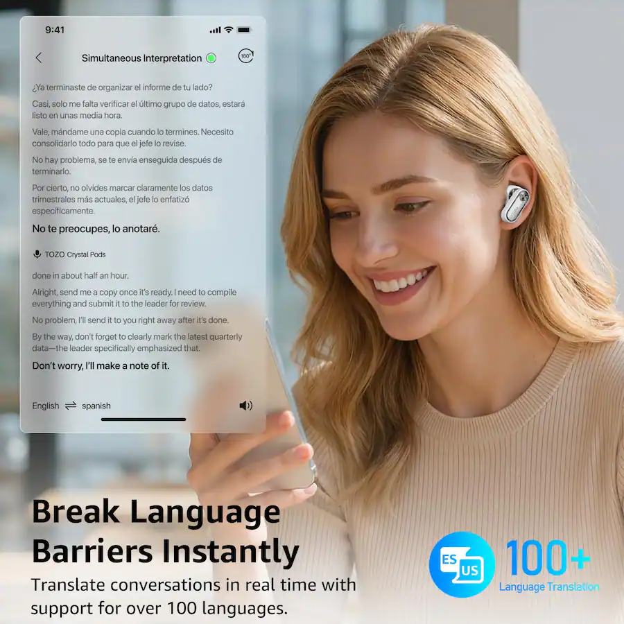 TOZO - AI Translation Noise Cancelling Earbuds, 100+ Languages, 70H, AI Clear Calls ENC Mic, Stereo Bass App-32EQ, Waterproof - White