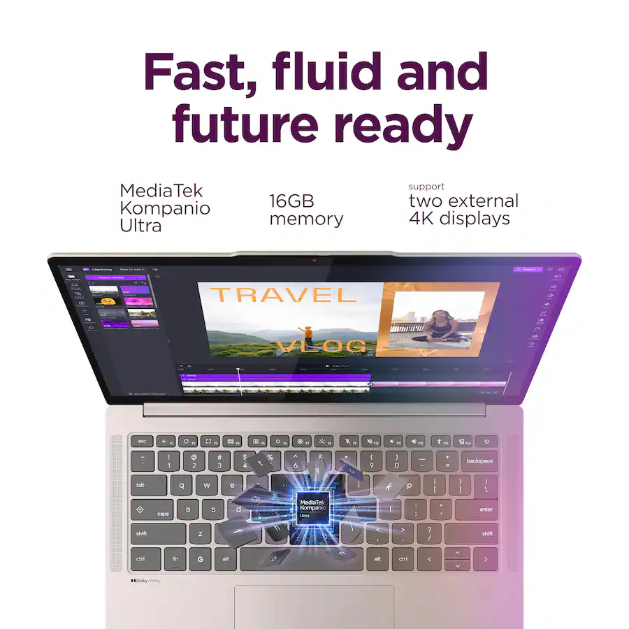 Lenovo - Chromebook Plus 14" OLED 2K Touchscreen Laptop with Gemini - MediaTek Kompanio Ultra 910 - 16GB Memory - 256GB Storage - Seashell