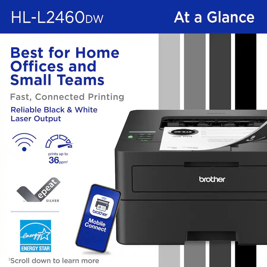 Brother - HL-L2460DW Wireless Black-and-White Refresh Subscription Eligible Laser Printer, Great for Home Offices - Gray