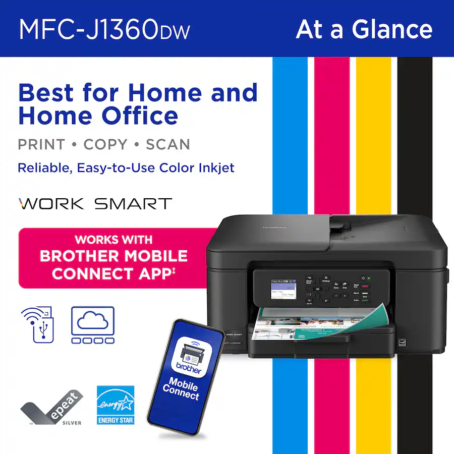 Brother - Work Smart 1360 Wireless All-in-One Refresh Subscription Eligible Inkjet Printer with Auto Duplex Printing (MFC-J1360DW) - Black