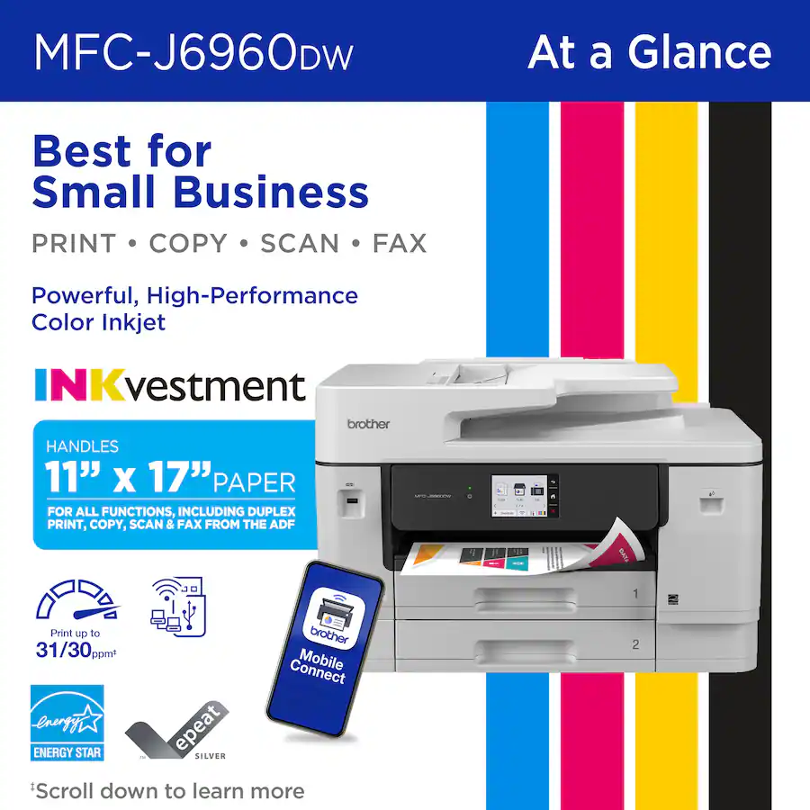 Brother - INKvestment 6960 Wireless Color All-in-One Inkjet Printer with 11”x17” capabilities/2 Paper Trays (MFCJ6960DW) - Gray