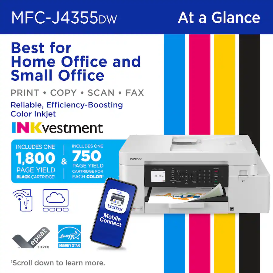 Brother - INKvestment 4355 Wireless All-in-One Inkjet Printer with 1.8” Color Display (MFC-J4355DW), Great for Small Offices - White