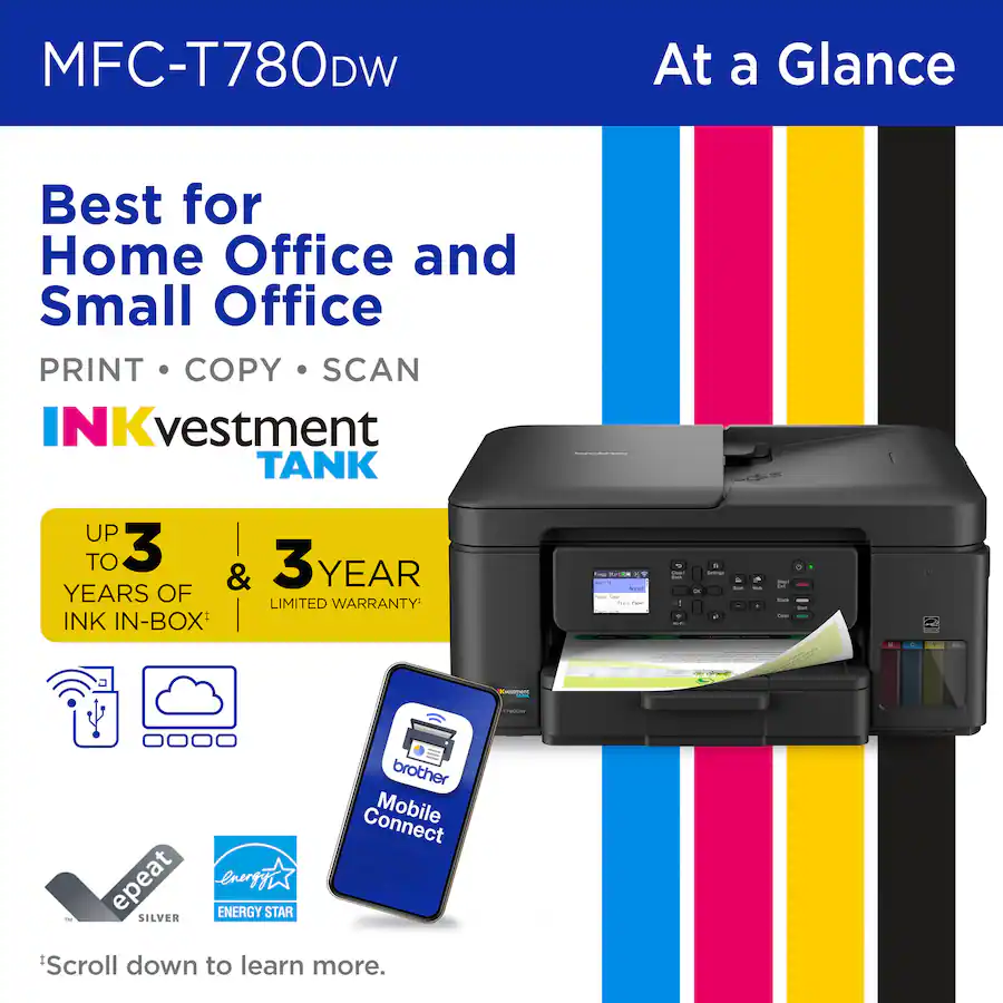 Brother - INKvestment Tank 780 Wireless All-in-One SuperTank Inkjet Printer, up to 3 Years of Ink + 3 Year Warranty (MFCT780DW) - Black