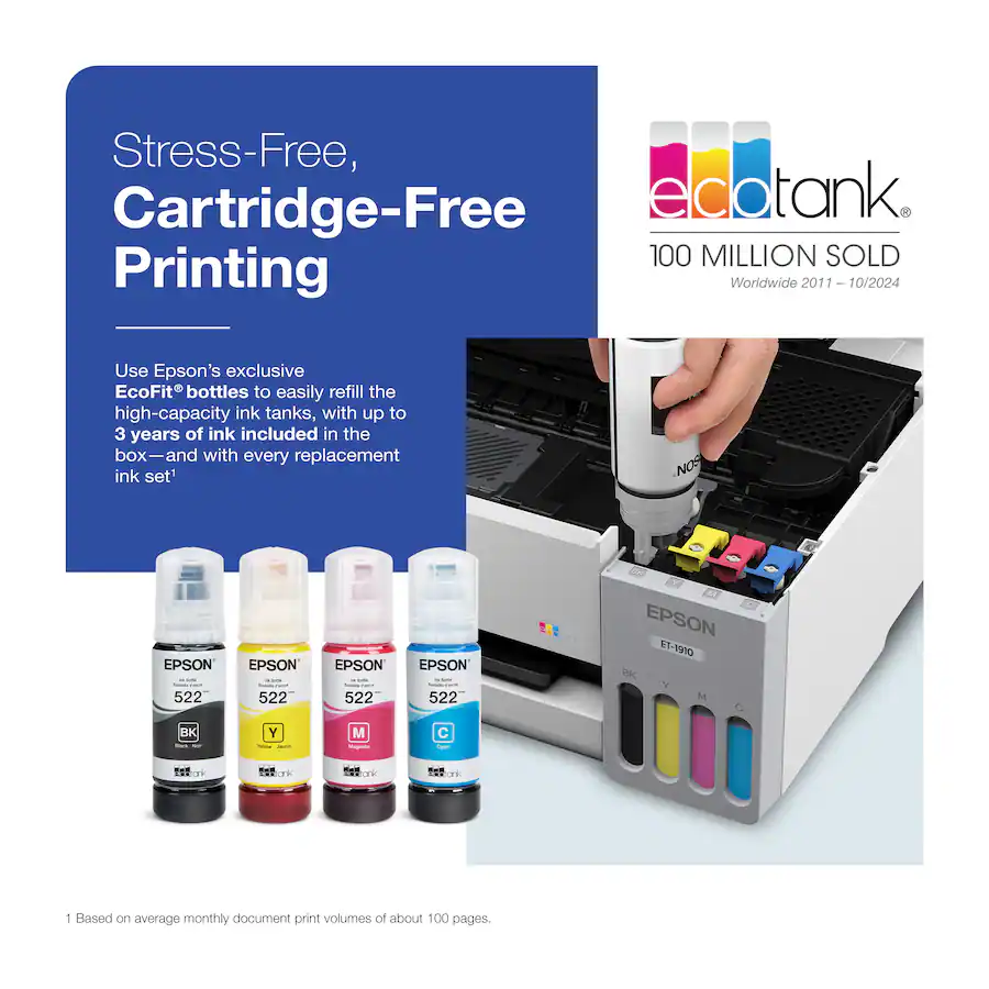 Epson - EcoTank ET-1910 Wireless Color Supertank Inkjet Printer (C11CL65202) - White
