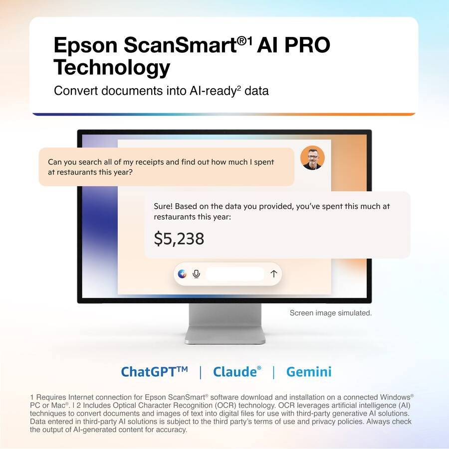 Epson - RapidReceipt RR-620W Wireless & USB High-Speed AI & Cloud Ready Desktop Color Duplex Receipt & Document Scanner - White