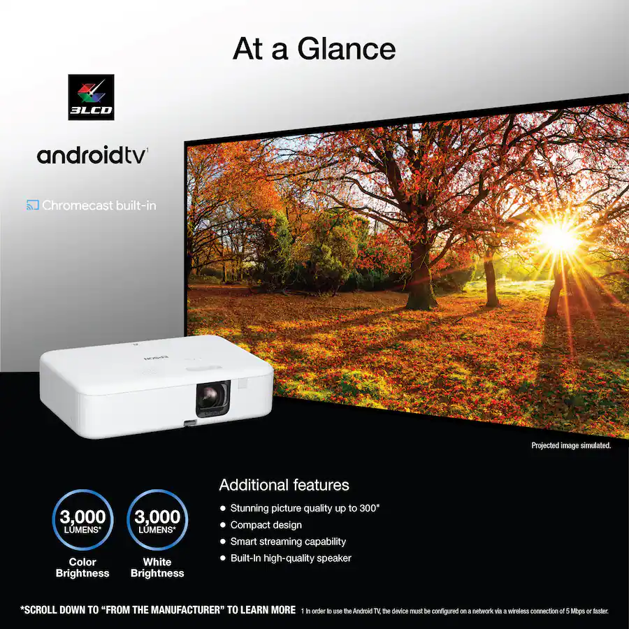 Epson - EpiqVision Flex CO-FH02 Smart Streaming Portable Projector, 3,000 Lumens Color & Brightness, 3LCD 1080p Android TV - White