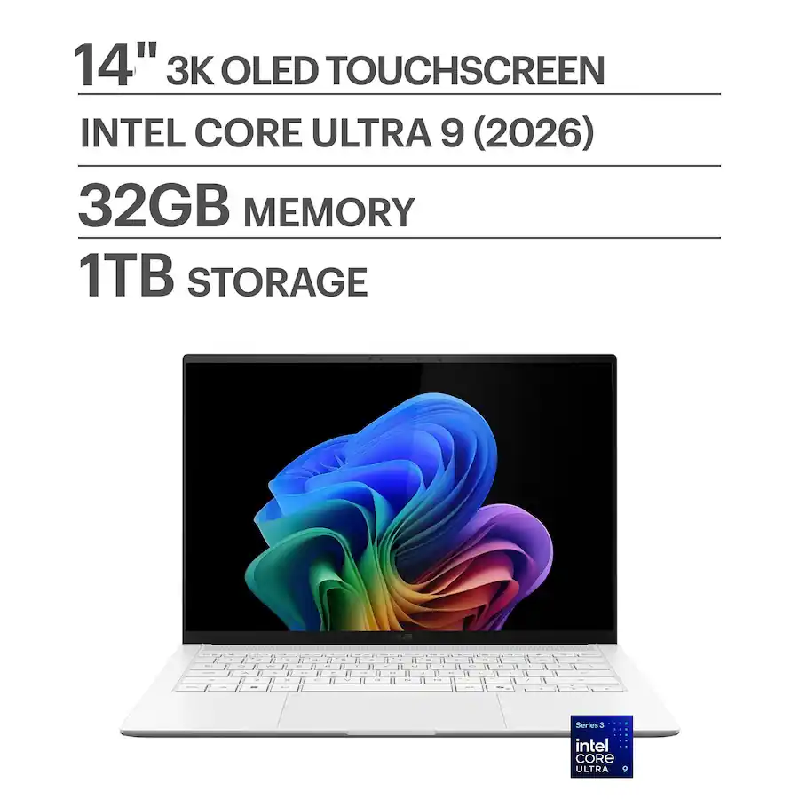ASUS - Zenbook S14 14" OLED 3K Touchscreen - Intel Core Ultra 9 Processor 2026 - 32GB Memory - 1TB Storage - Copilot+ PC - Scandinavian White