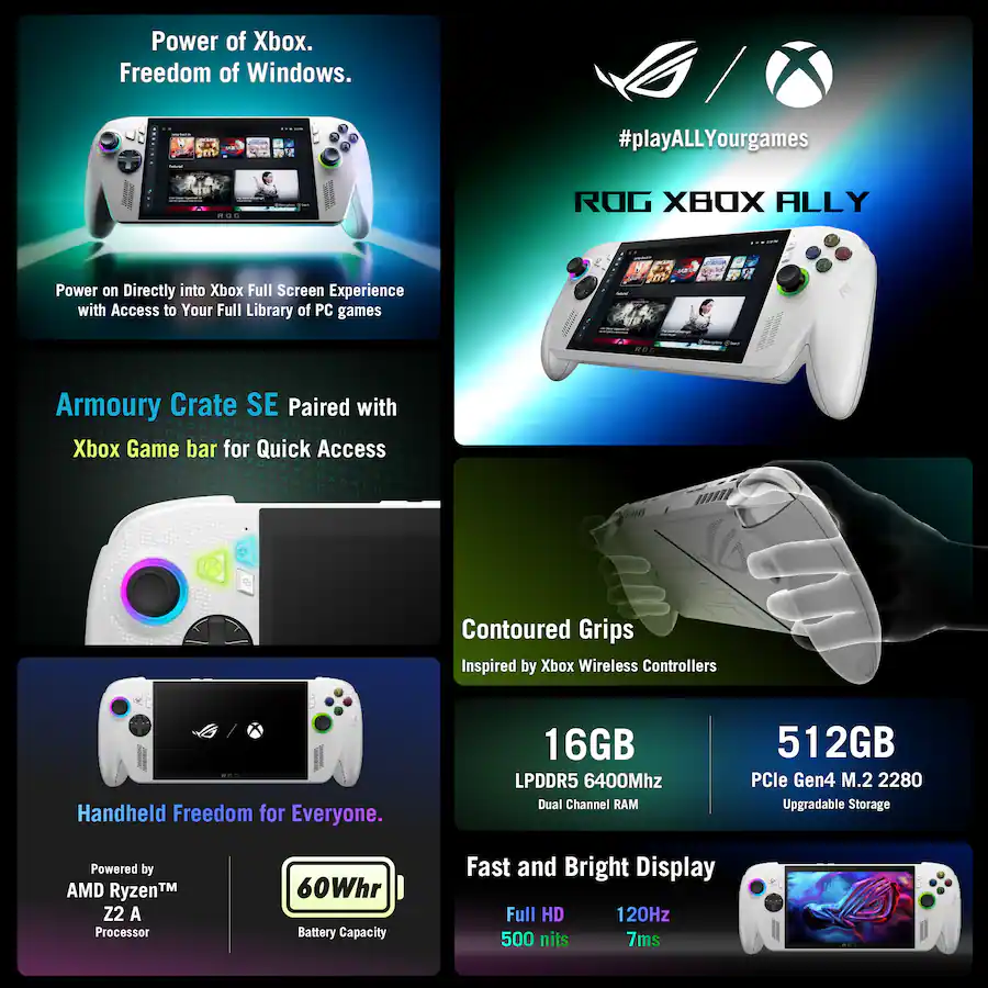 ROG Xbox Ally 7" FHD 120Hz Gaming Handheld, 3-Month Xbox Game Pass Premium, AMD Ryzen Z2 A, 16GB RAM, 512GB SSD