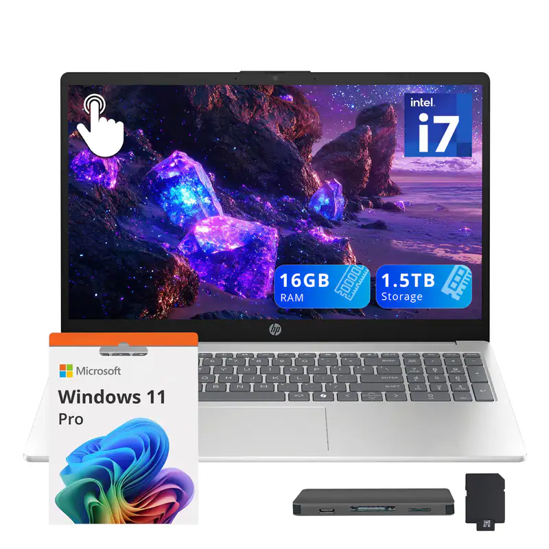 HP - Upgraded - 15.6" FHD Touchscreen Laptop,Intel i7-1355U,16GB DDR5,512GB SSD+1TB Dock Station,Iris Xe Graphics,Win 11 Pro - Silver