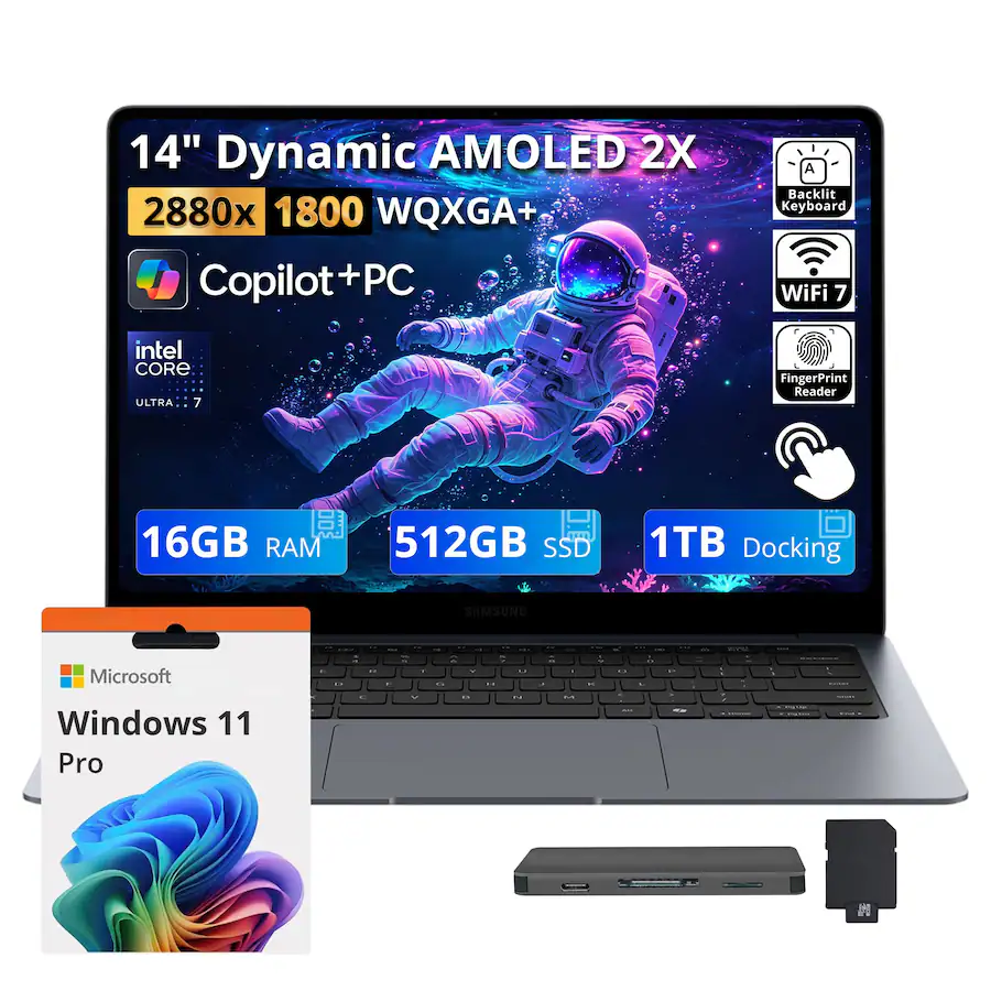 Samsung - Upgraded - Galaxy 14" 3K AMOLED Touch AI Laptop,Ultra 7 356H,16GB RAM,512GB SSD+1TB Dock,Backlit,Fingerprint,Win11 Pro - Gray