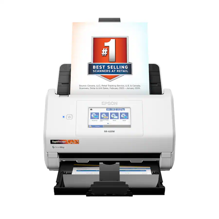 Epson - RapidReceipt RR-620W Wireless & USB High-Speed AI & Cloud Ready Desktop Color Duplex Receipt & Document Scanner - White