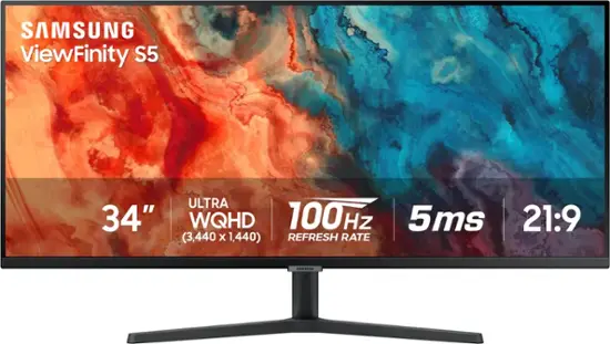 Samsung - 34” ViewFinity S5 Ultrawide QHD 100Hz AMD FreeSync Monitor with HDR10 (DisplayPort, HDMI) - Black