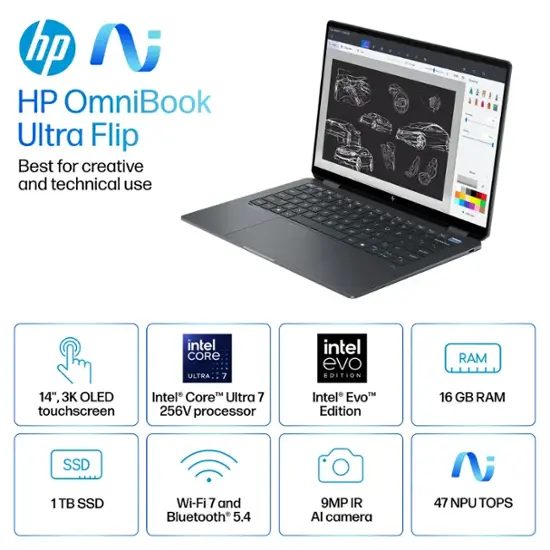 HP - OmniBook Ultra Flip - Copilot+ PC - 14" 3K OLED Touch-Screen Laptop - Intel Core Ultra 7 - 16GB Memory - 1TB SSD - Eclipse Gray-14 inches-Intel Core Ultra 7 Series 2 Evo Edition-16 GB Memory-1 TB-Eclipse Gray