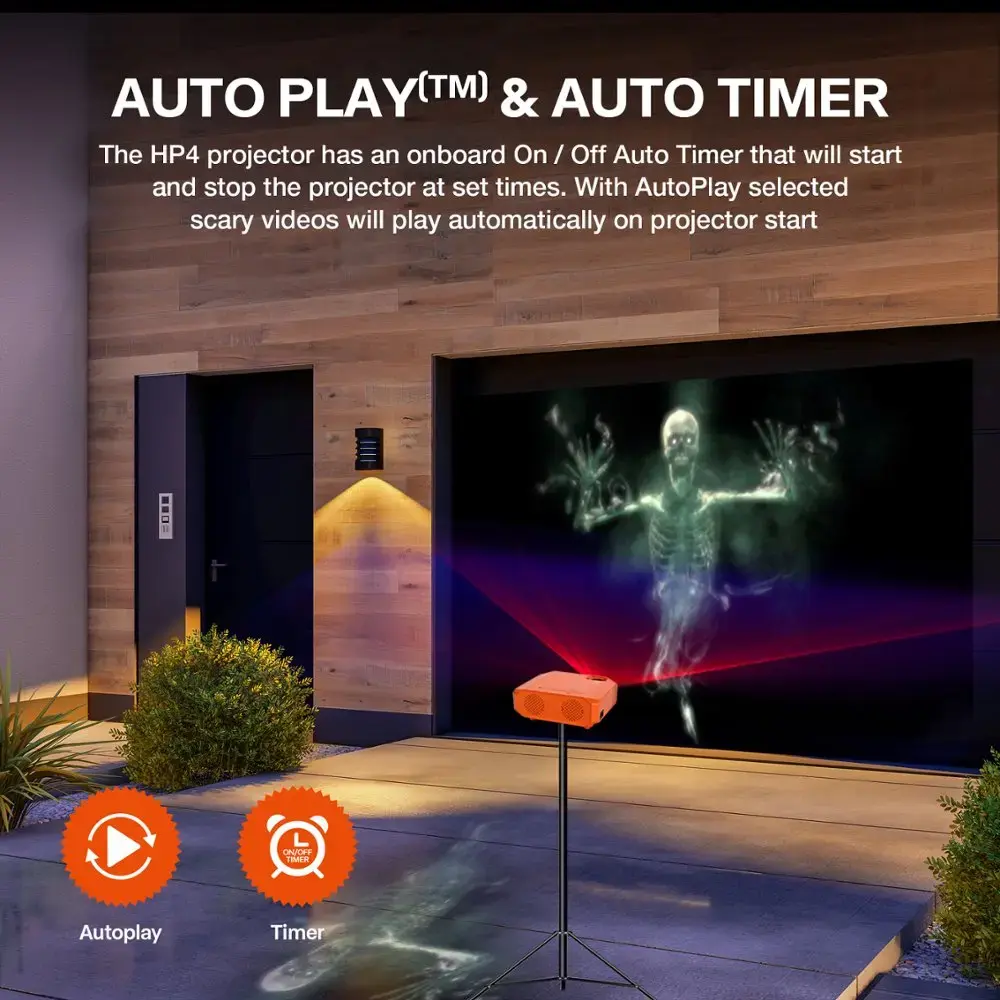 AAXA - HP4 Halloween Projector for Haunted Windows, AutoPlay(tm), Timer Onboard, 1080p Native, 8 Pre-Loaded Hologram Movies, BT - Orange/Black-Orange/Black