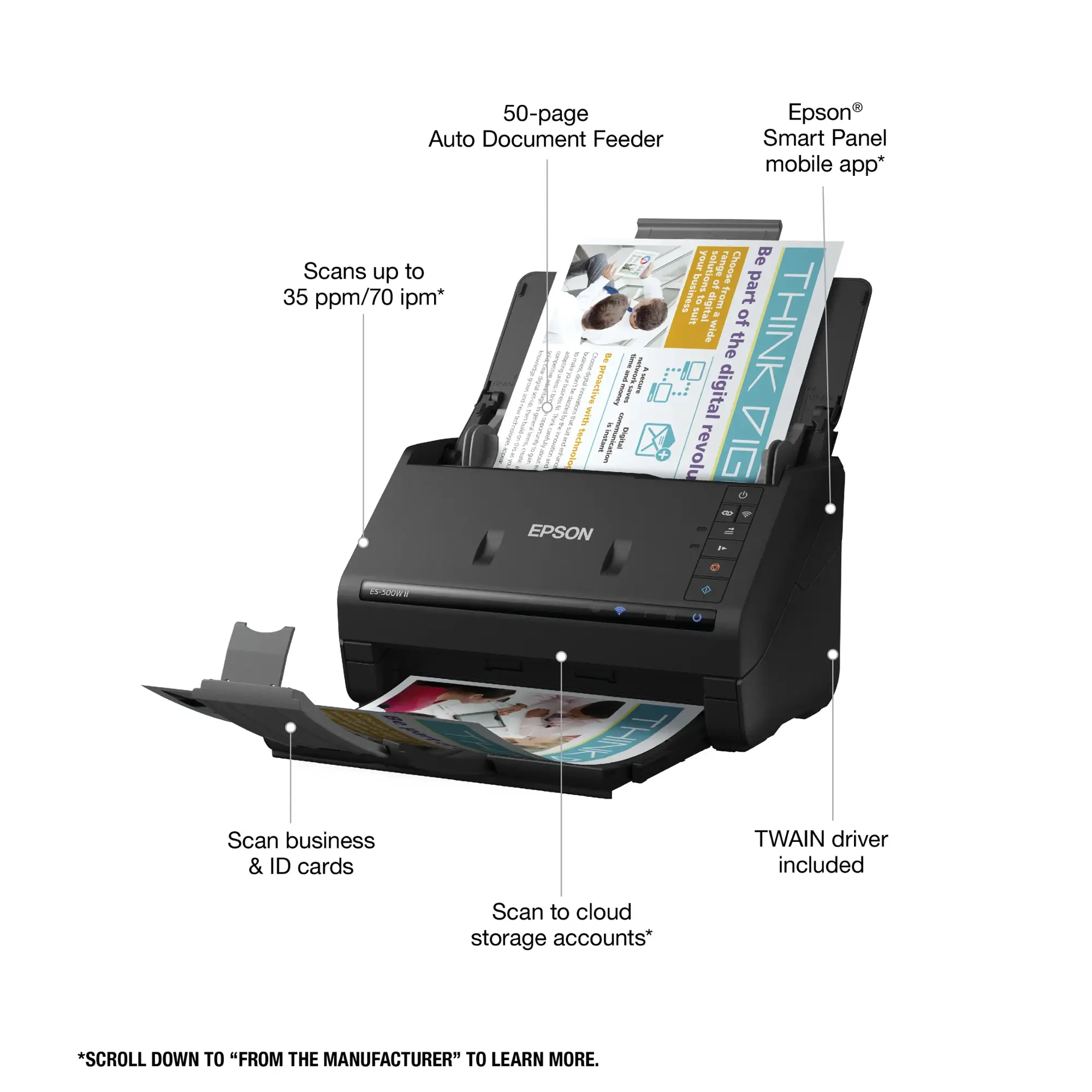 Epson - WorkForce ES-500W II Wireless Duplex Desktop Document Scanner - Black-Black