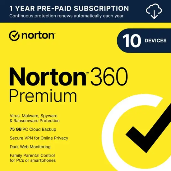 Norton - 360 Premium (10-Device) Antivirus Internet Security Software + VPN + Dark Web Monitoring (1 Year Subscription) - Android, Mac OS, Windows, Apple iOS [Digital]