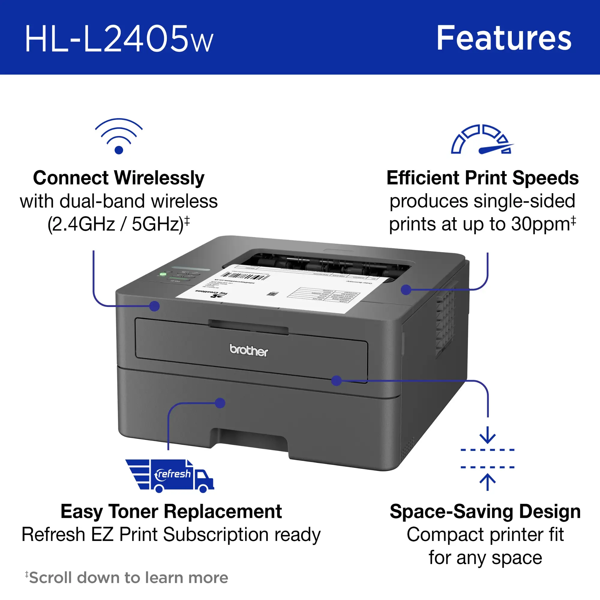 Brother - HL-L2405W Wireless Black-and-White Refresh Subscription Eligible Laser Printer - Gray