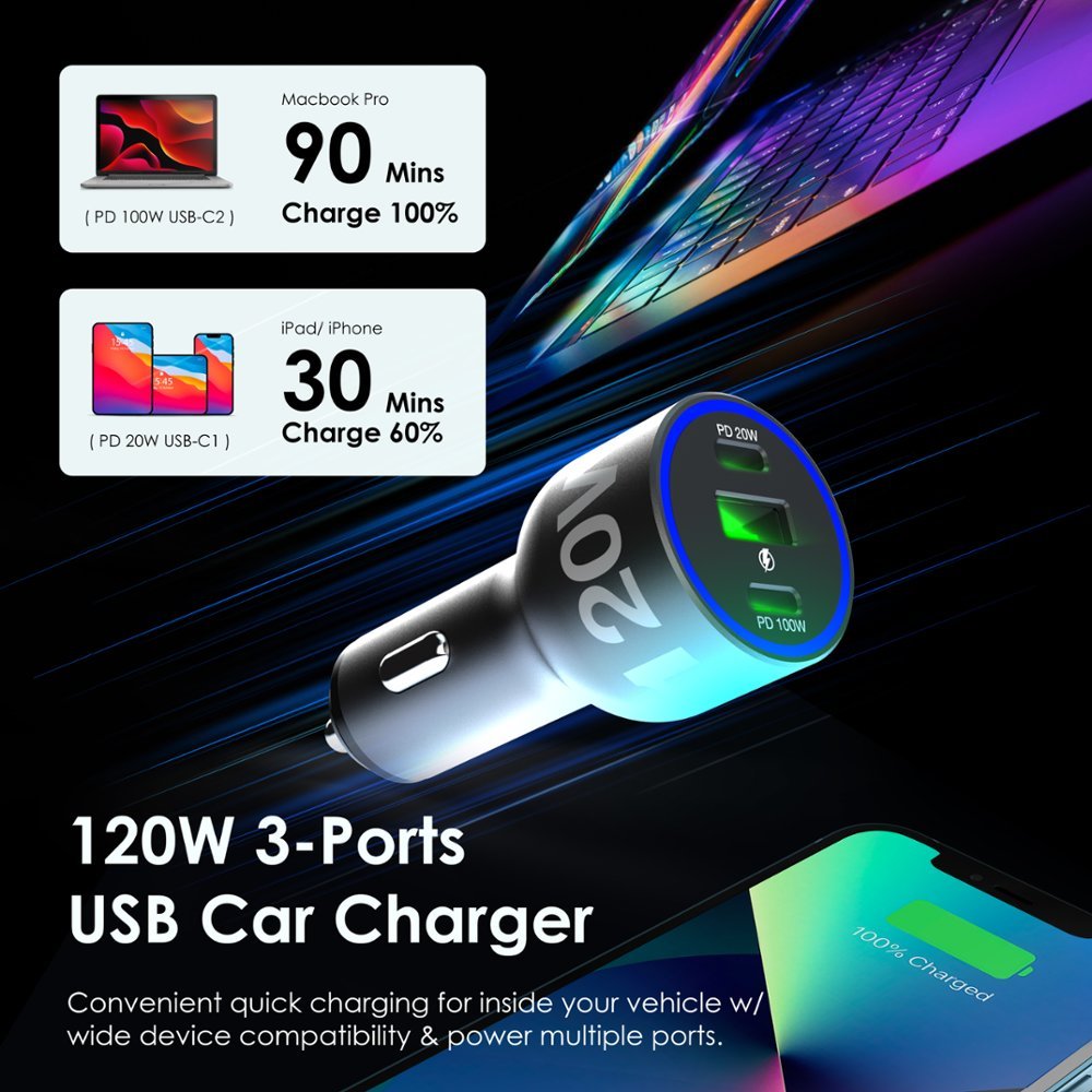 Rexing - 120W Vehicle Quick Charger with 2 USB-C & 1 USB Port Compatible with iPhone and Samsung Note - Gray-Gray