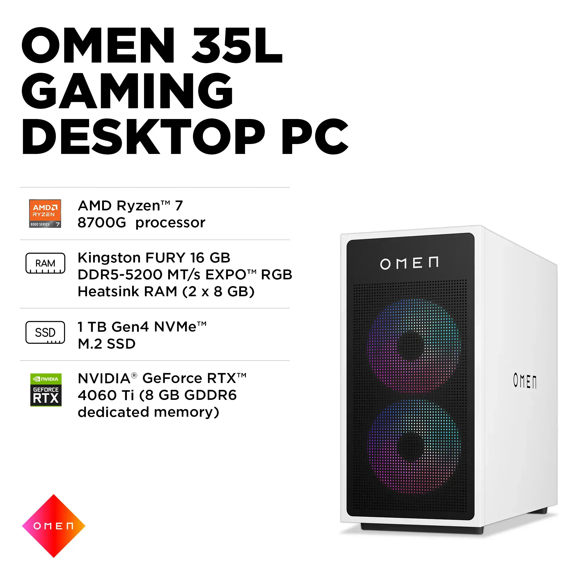 HP OMEN - 35L Gaming Desktop - AMD Ryzen 7 8700G - 16GB DDR5 Memory - NVIDIA GeForce RTX 4060 Ti - 1TB SSD - White/Black-AMD Ryzen 7 8000 Series-16 GB Memory-1 TB-White/Black