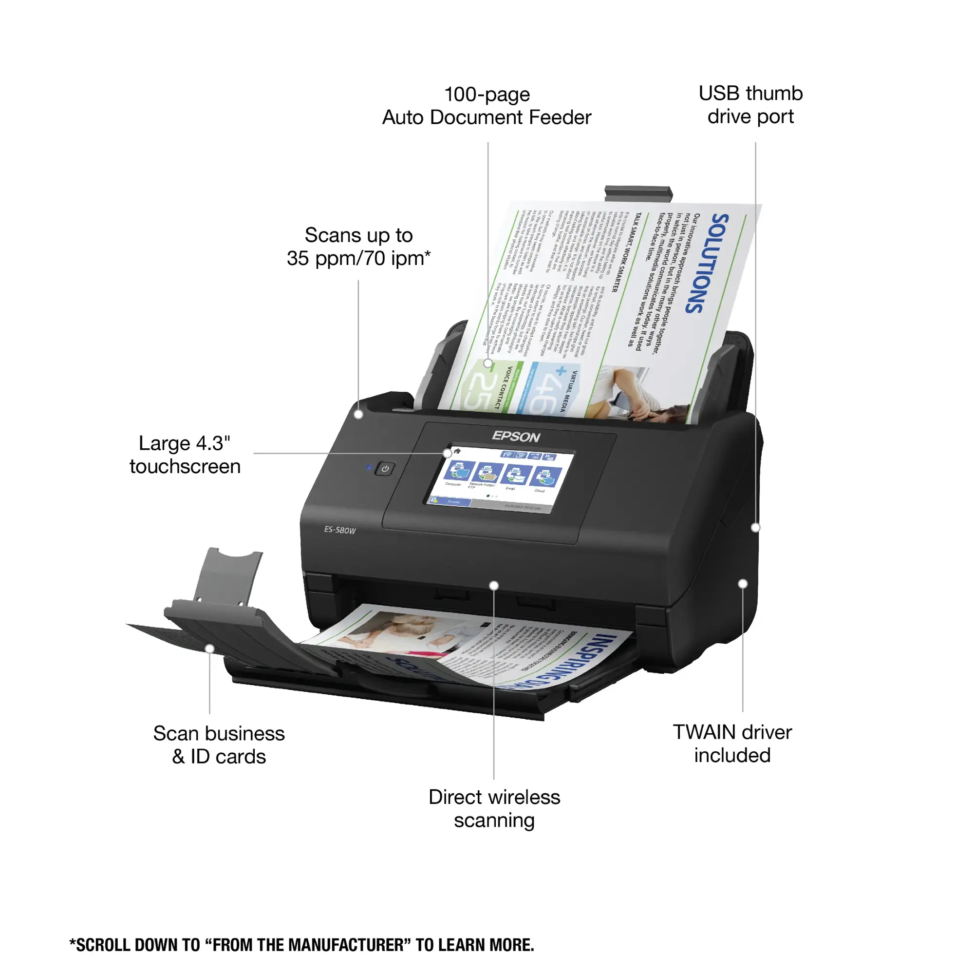 Epson - WorkForce ES-580W Wireless Duplex Touchscreen Desktop Document Scanner - Black