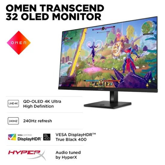 HP OMEN - Transcend 31.5" QD-OLED 4K UHD 240Hz G-SYNC Compatible Gaming Monitor with Adjustable Height - Black/White-31.5 inches-Black/White