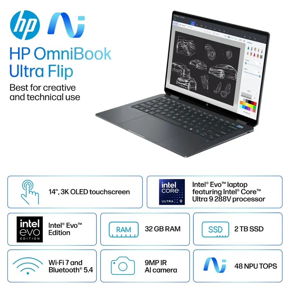 HP - OmniBook Ultra Flip 2-in-1 - Copilot+ PC - 14" 3K OLED Touch-Screen Laptop - Intel Core Ultra 9 - 32G Memory - 2TB SSD - Eclipse Gray