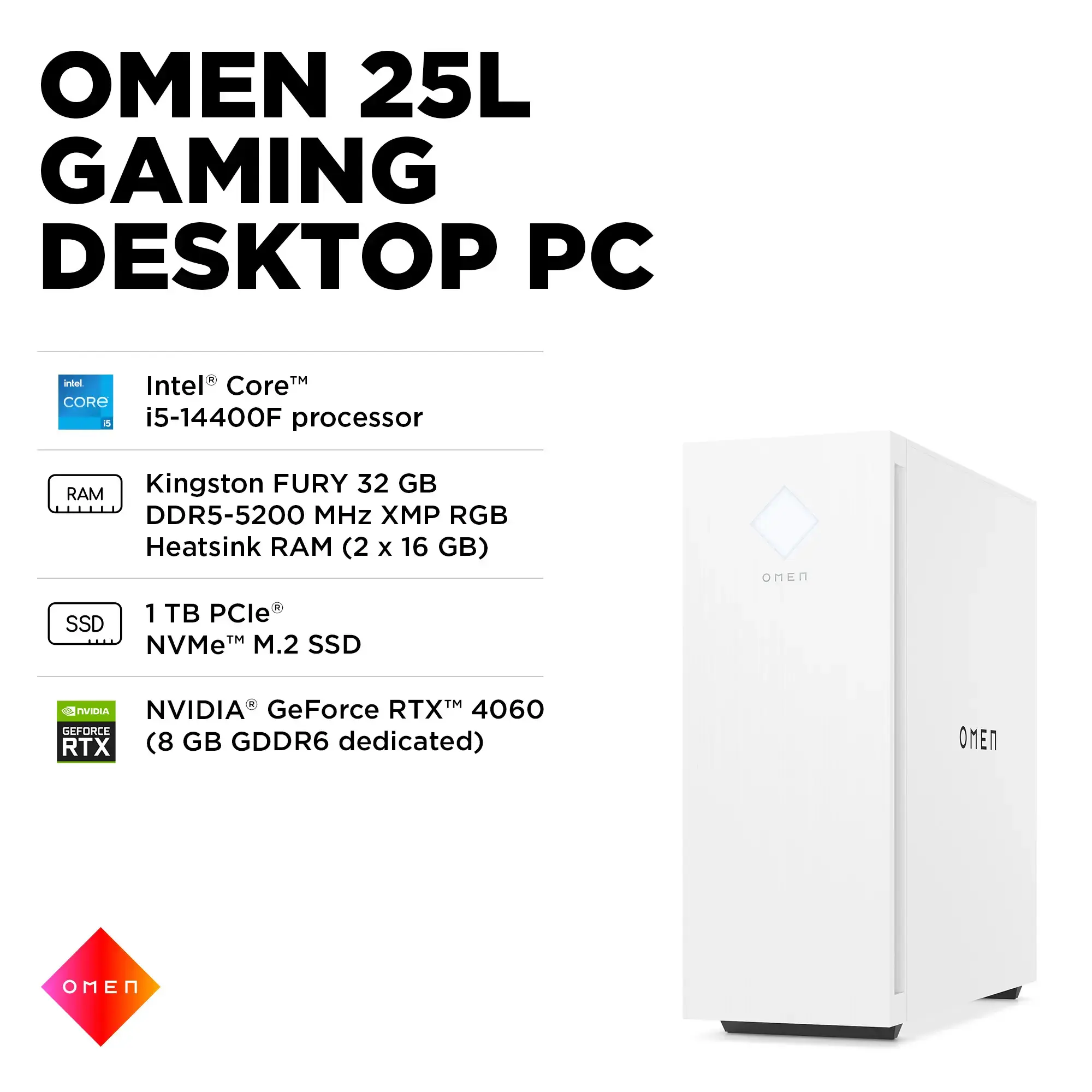 HP OMEN - 25L Gaming Desktop - Intel Core i5-14400F - 32GB DDR5 Memory - NVIDIA GeForce RTX 4060 - 1TB SSD - Snow White