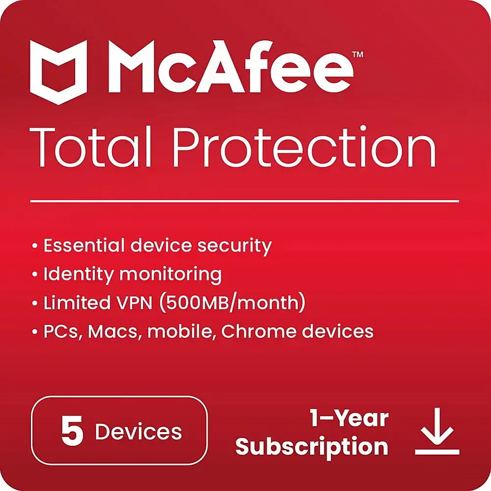 McAfee - Total Protection (5 Device) Antivirus & Internet Security Software (1-Year Subscription) - Android, Apple iOS, Chrome, Mac OS, Windows [Digital]