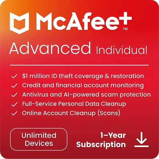 McAfee - Advanced Individual ID Theft Coverage & Internet Security Software (Unlimited Devices) (1-Year Subscription) - Android, Apple iOS, Chrome, Mac OS, Windows [Digital]