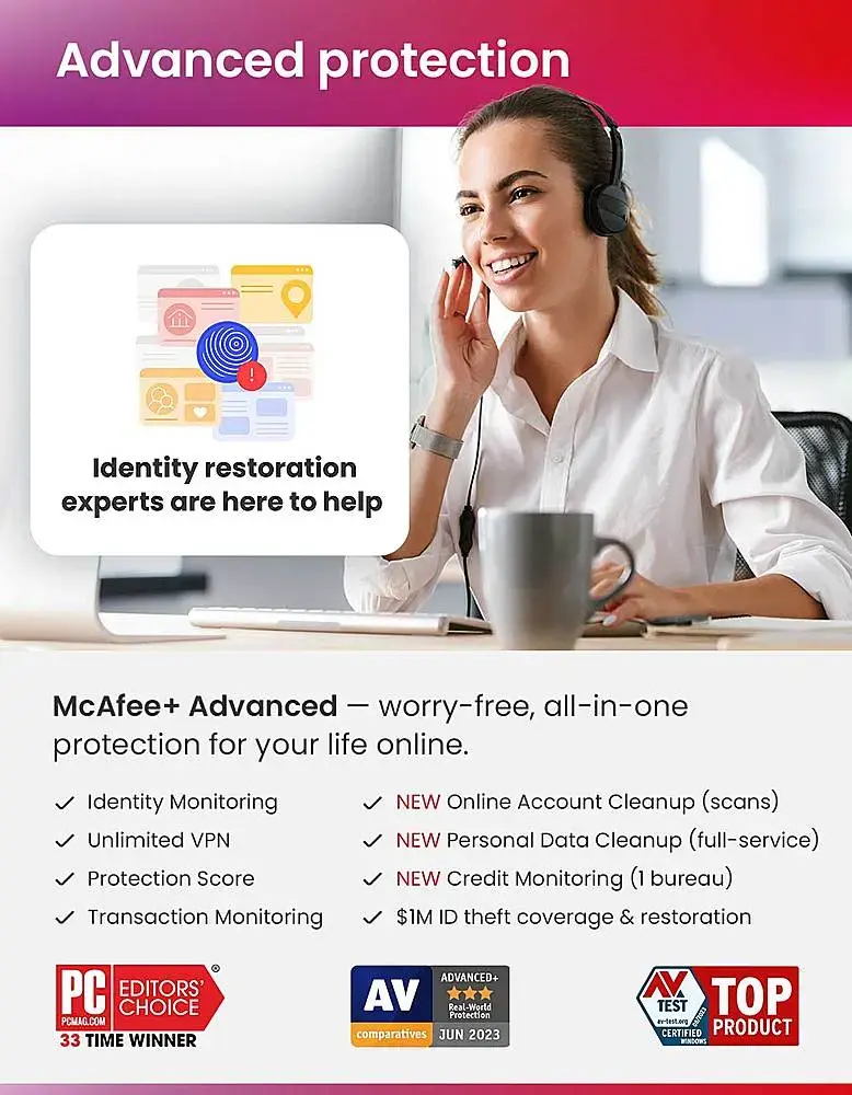 McAfee - Advanced Individual ID Theft Coverage & Internet Security Software (Unlimited Devices) (1-Year Subscription) - Android, Apple iOS, Chrome, Mac OS, Windows [Digital]