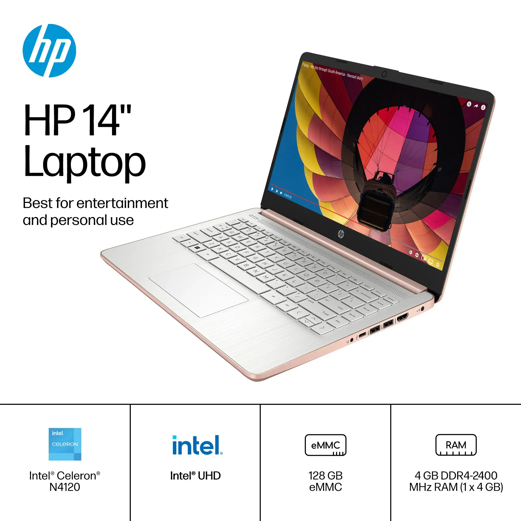 HP - 14" Laptop - Intel Celeron - 4GB Memory - 128GB eMMC - Rose Gold