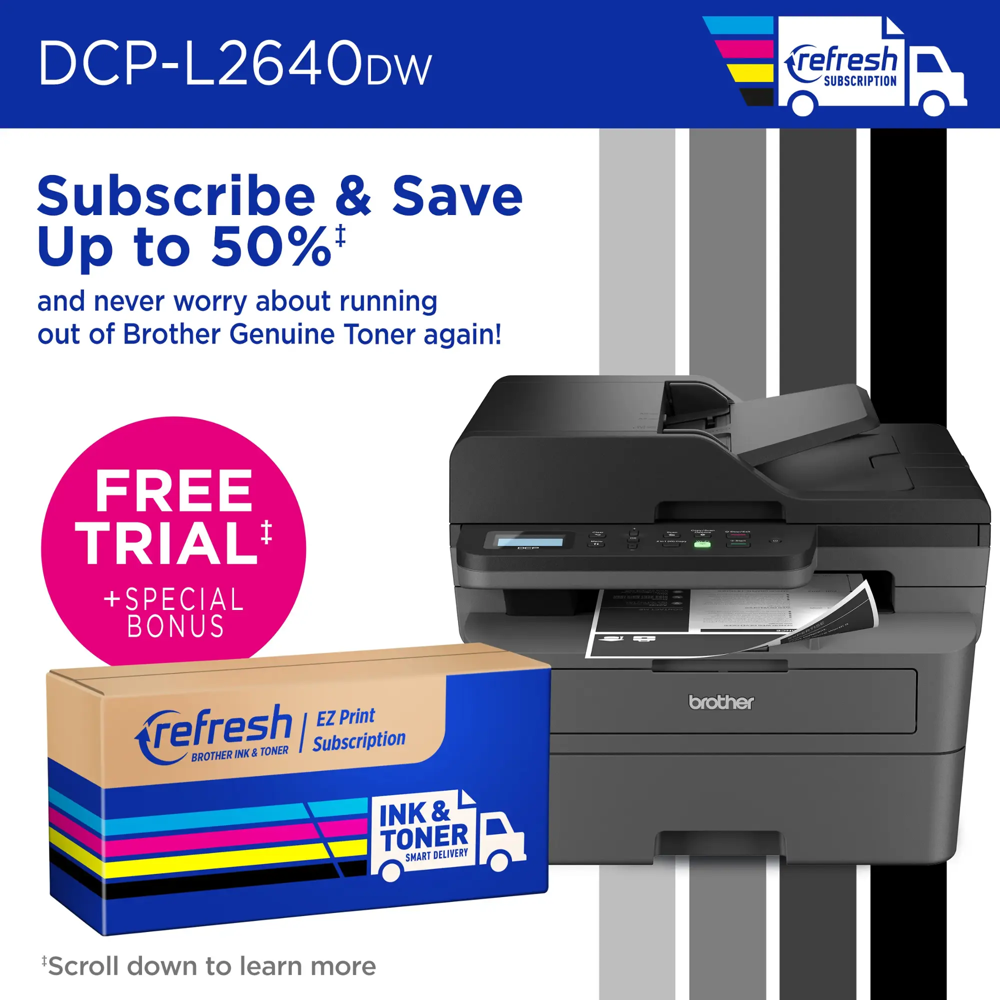 Brother - DCP-L2640DW Wireless Black-and-White Refresh Subscription Eligible 3-in-1 Laser Printer - Gray