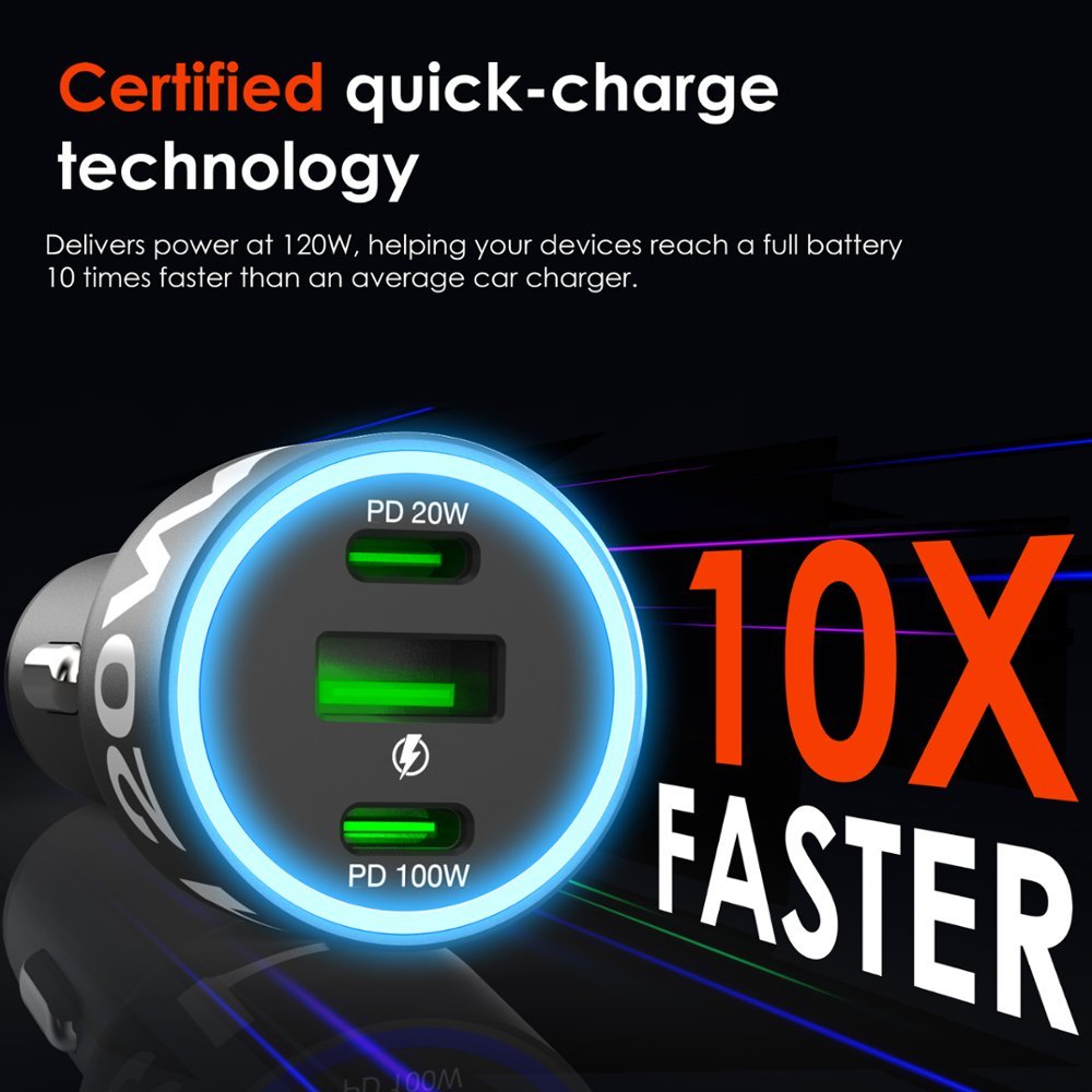 Rexing - 120W Vehicle Quick Charger with 2 USB-C & 1 USB Port Compatible with iPhone and Samsung Note - Gray-Gray